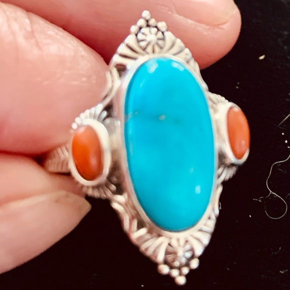 Blue Ridge Turquoise and Mediterranean Coral Ring in Sterling Silver Size 7 NWT - Picture 1 of 8